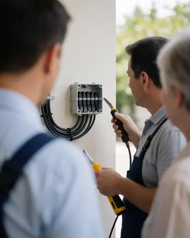 Technician installing antenna joint on wall with client observing, realistic and professional scene for antenna installers