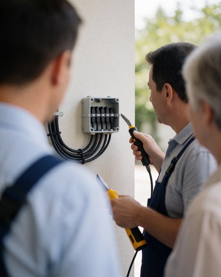 Technician installing antenna joint on wall with client observing, realistic and professional scene for antenna installers