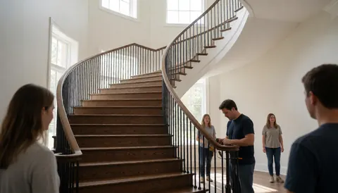 Worker installing a curved metal railing in an empty commercial space with large windows and white walls