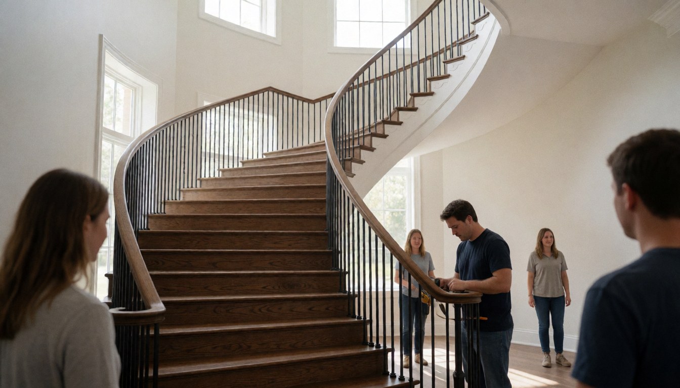 Worker installing a curved metal railing in an empty commercial space with large windows and white walls