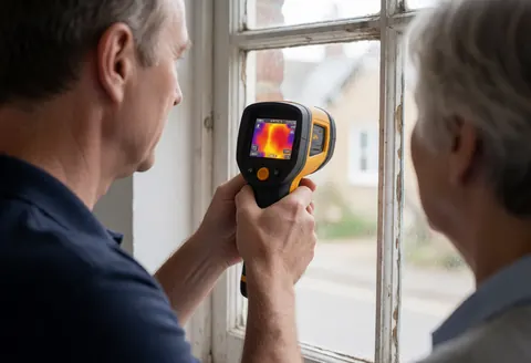 A technician uses a thermal imaging camera to inspect a window for heat leaks while a client observes the insulation service.