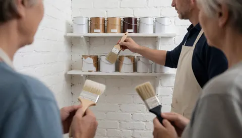 Three people selecting paint for furniture repair in a workshop with white brick walls and visible tools.