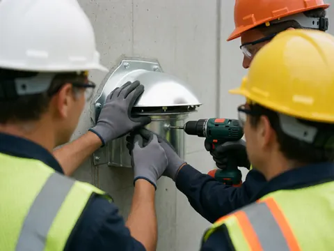 Workers in safety gear install a metal fan on a concrete wall during roof repair service