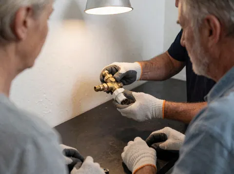 Technician wearing gloves checks a dishwasher water inlet valve on a dark workbench under a work light