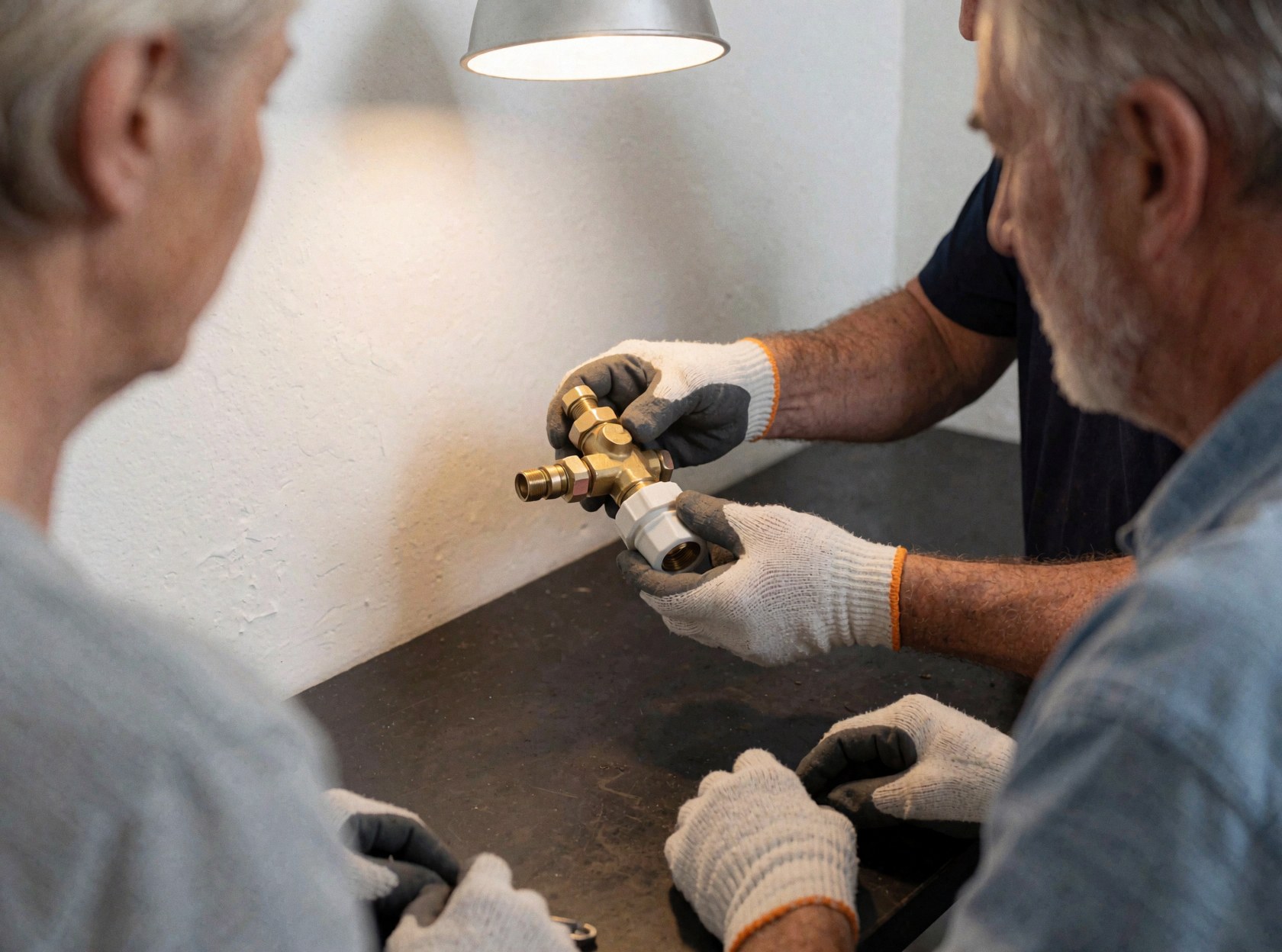 Technician wearing gloves checks a dishwasher water inlet valve on a dark workbench under a work light