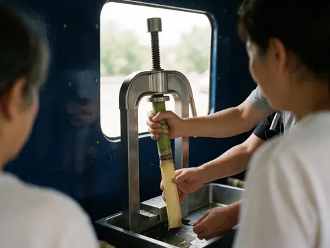 A person uses a stainless steel manual press to squeeze sugarcane, with juice falling into a metal tray inside a blue-walled truck.