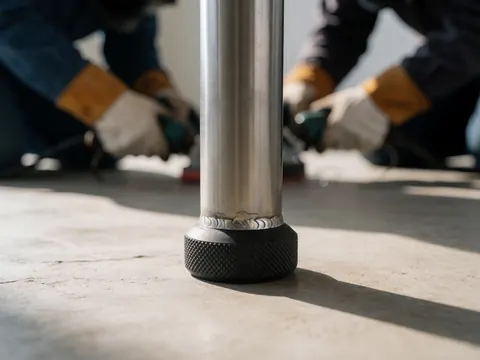 Close-up of a black rubber pad on a steel table leg welded over concrete, with industrial workers using tools in the background.