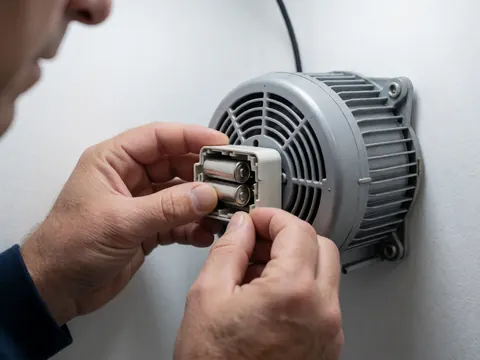 Close-up of technician hands replacing batteries in a fan motor against a white wall with bright lighting