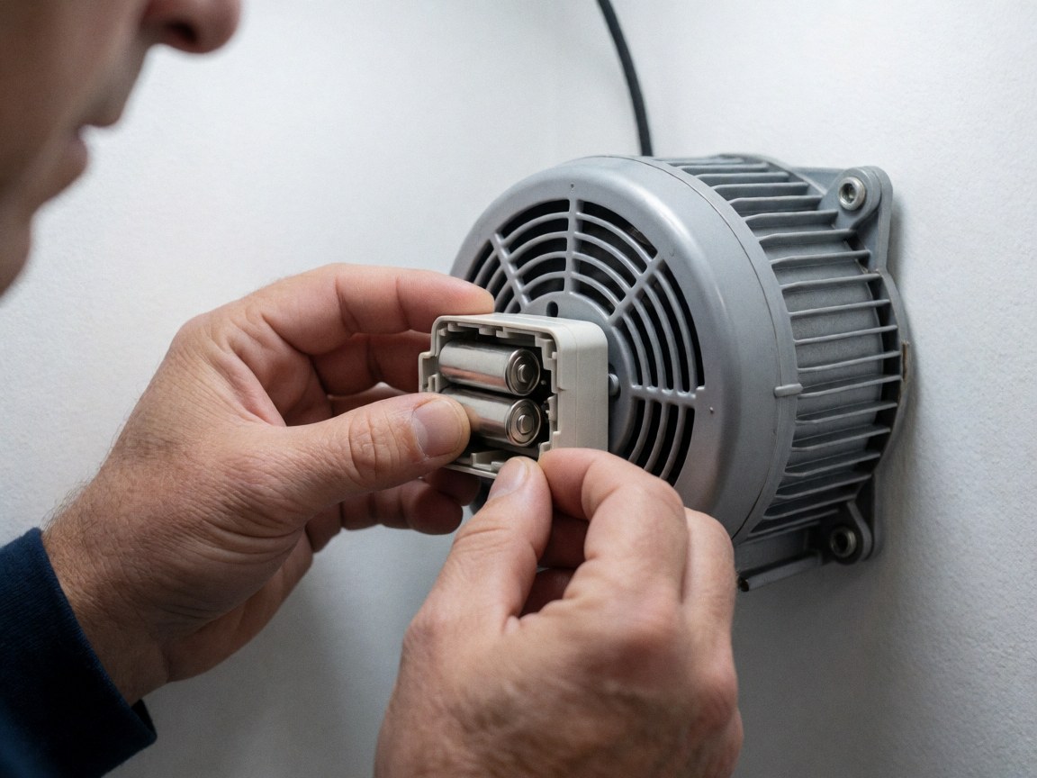 Close-up of technician hands replacing batteries in a fan motor against a white wall with bright lighting