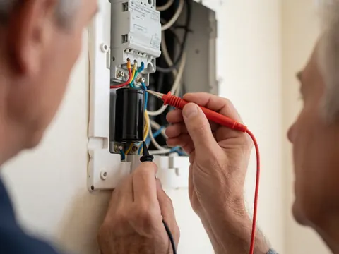 Close-up of an electrician using a multimeter to measure voltage on a black capacitor inside a white electrical panel with colorful wires.