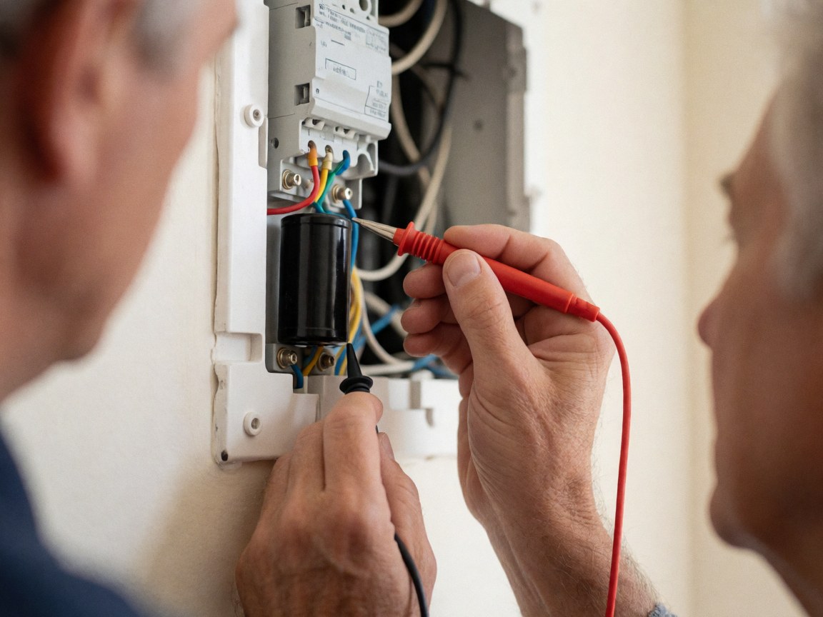 Close-up of an electrician using a multimeter to measure voltage on a black capacitor inside a white electrical panel with colorful wires.
