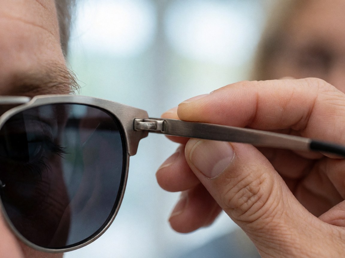 Hand adjusting the hinge of metal sunglasses with curved lenses against a soft bokeh background, showcasing high-quality optical product details.