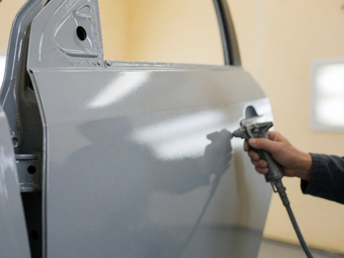 Close-up of a hand using a spray gun to apply gray base coat paint to a car door in an auto body shop.