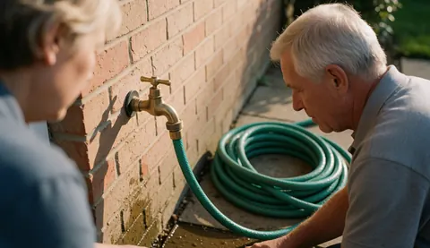 Close-up of senior plumber fixing an outdoor garden faucet mounted on a brick wall with water dripping and a green hose attached