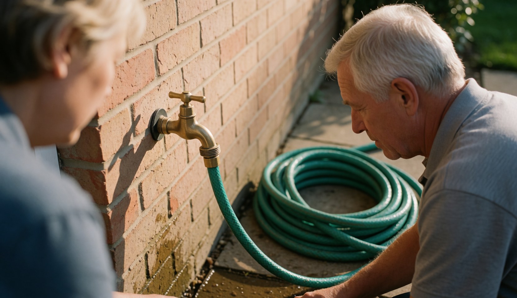 Close-up of senior plumber fixing an outdoor garden faucet mounted on a brick wall with water dripping and a green hose attached