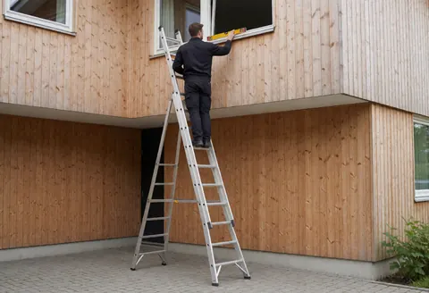 Worker on ladder installs window in wooden house using level to ensure proper alignment during repair service