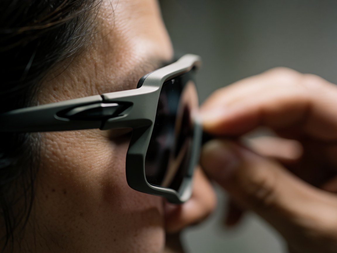 Close-up of polarized cycling glasses showing the hinge mechanism and manual adjustment against a concrete wall background