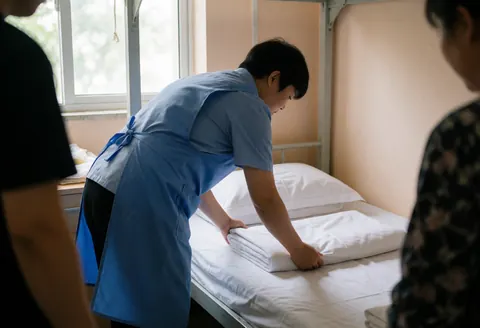 A staff member placing white sheets on a bed in a hostel room with beige walls and natural light.