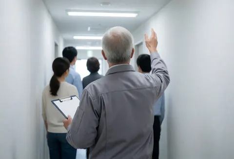 Technician in gray uniform points to ceiling while walking down office hallway with fluorescent lights, evaluating security camera installation