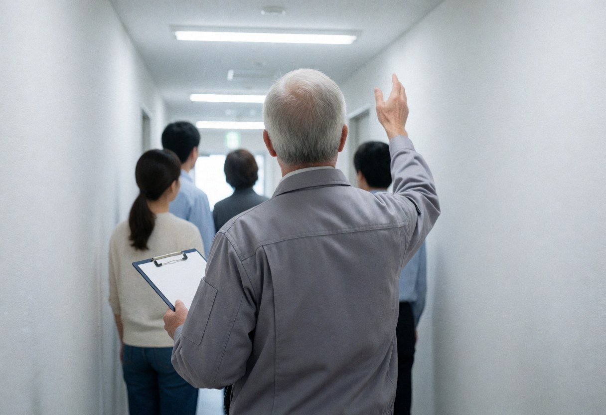 Technician in gray uniform points to ceiling while walking down office hallway with fluorescent lights, evaluating security camera installation