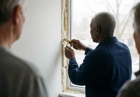 Worker in blue uniform cutting insulation foam around a window frame on a white wall with natural light during installation service