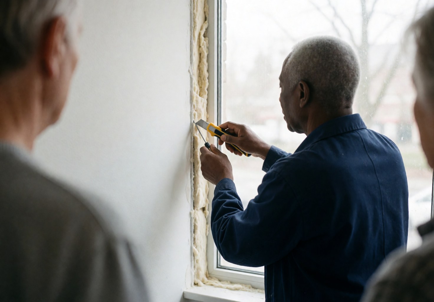 Worker in blue uniform cutting insulation foam around a window frame on a white wall with natural light during installation service