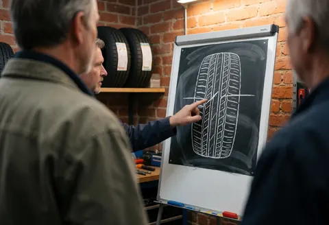 Mechanic pointing at a tire tread diagram on a whiteboard in a workshop with red brick walls and tires on shelves