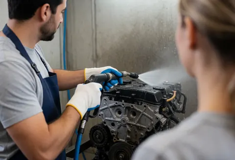 Technician using high-pressure hose to clean a car engine in an industrial workshop with concrete walls and splashing water