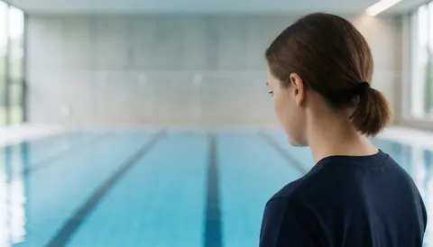 A swimmer looking at an Olympic pool with lane lines, concrete walls, and natural light, suitable for a swimming coach website hero.