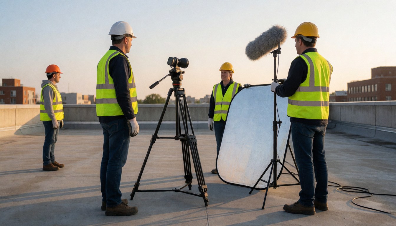 Videographers wearing helmets and reflective vests work on a rooftop with cameras and lighting gear ready for filming.