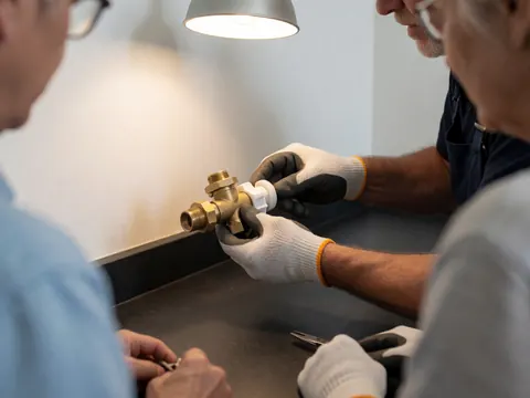 Technician wearing gloves installs a water valve on a black workbench under a work light during dishwasher repair service