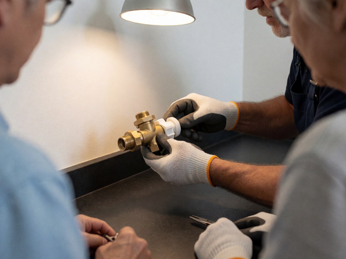 Technician wearing gloves installs a water valve on a black workbench under a work light during dishwasher repair service