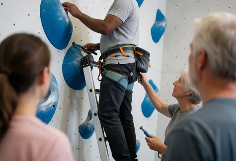 A route setter adjusts a blue hold on an indoor climbing wall while two people watch from below in a well-lit gym.