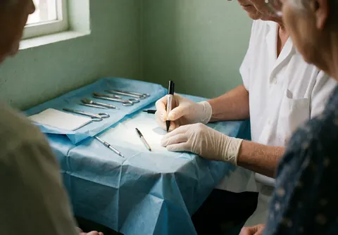 Gloved hand marking skin with pen, sterile blue drapes and tools on table in piercing studio