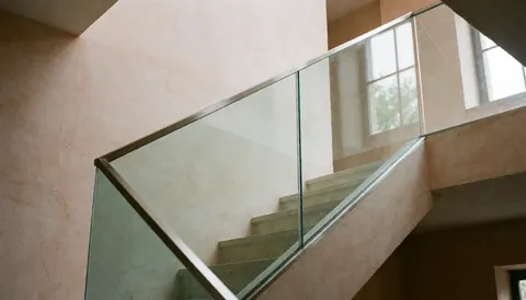 Close-up of a tempered glass railing installed on a modern staircase with light stucco walls and natural lighting.