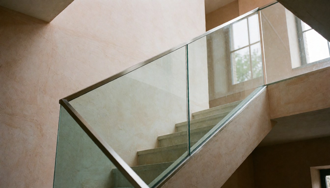 Close-up of a tempered glass railing installed on a modern staircase with light stucco walls and natural lighting.
