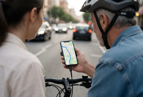 Cyclist wearing a helmet using a smartphone with a map on a busy street for last-mile delivery logistics service
