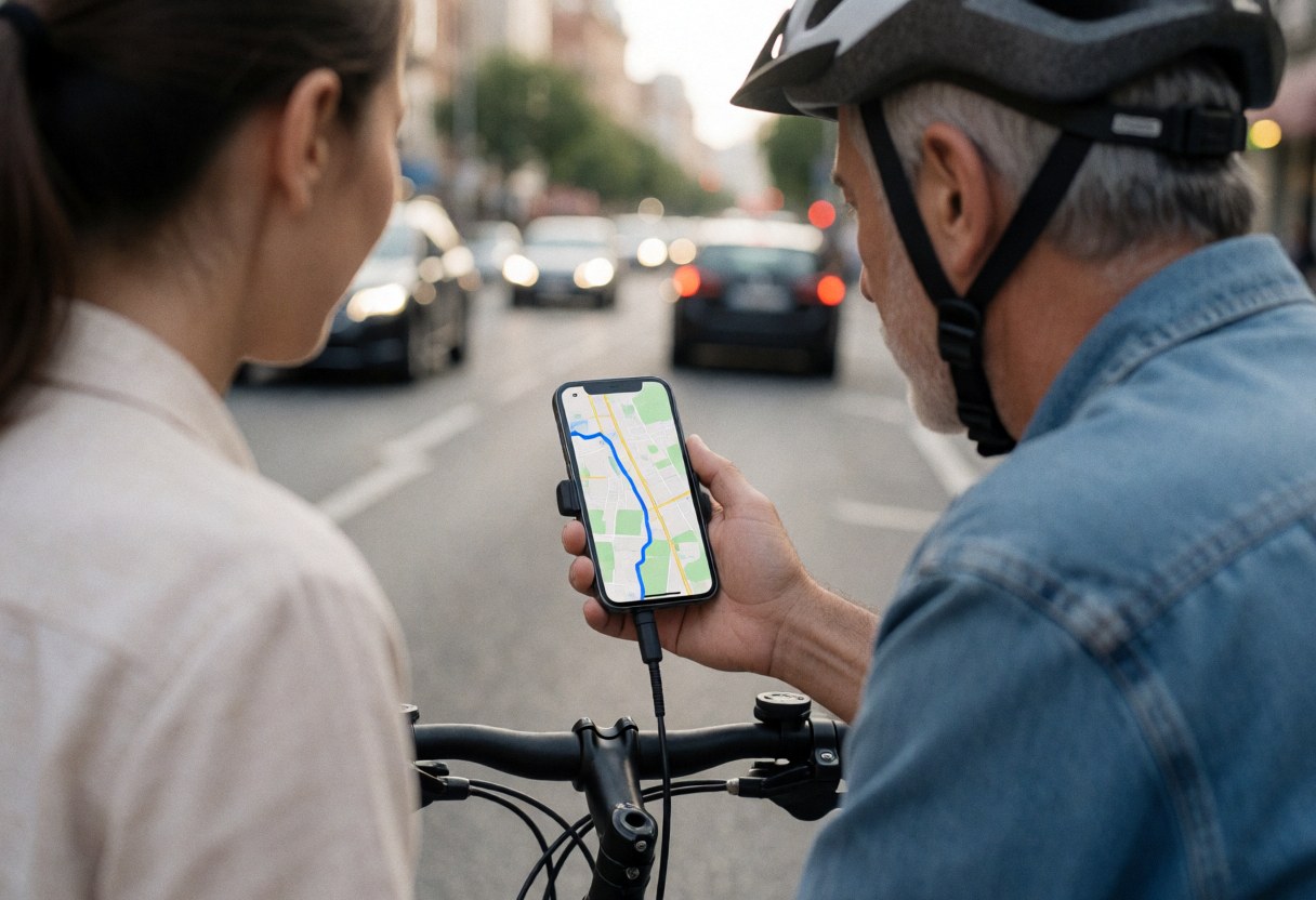 Cyclist wearing a helmet using a smartphone with a map on a busy street for last-mile delivery logistics service