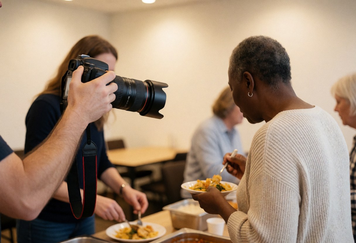 A professional photographer uses a DSLR camera to capture food at a conference event with people dining.