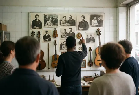 Tango teacher instructing students in a tiled studio with historical photos and musical instruments on the wall