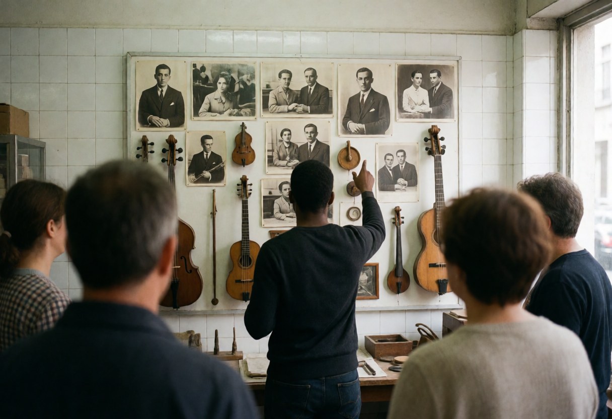 Tango teacher instructing students in a tiled studio with historical photos and musical instruments on the wall