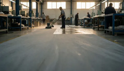 Worker operating a floor cleaning machine in an industrial factory setting with gray flooring and overhead lighting.