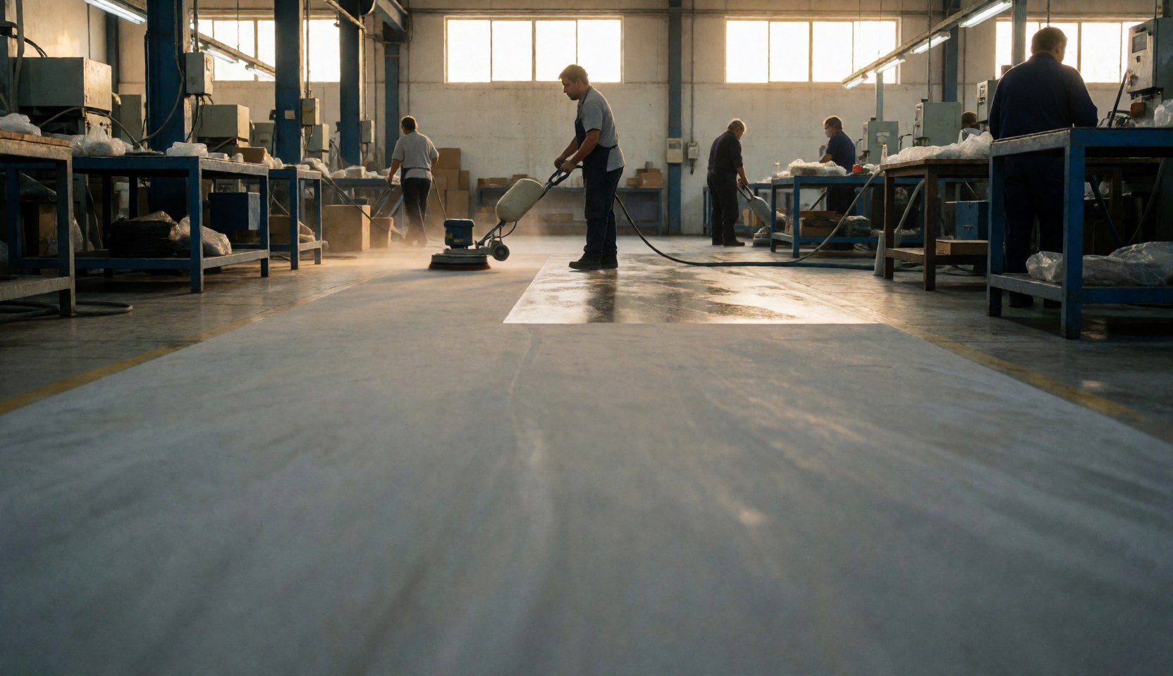 Worker operating a floor cleaning machine in an industrial factory setting with gray flooring and overhead lighting.
