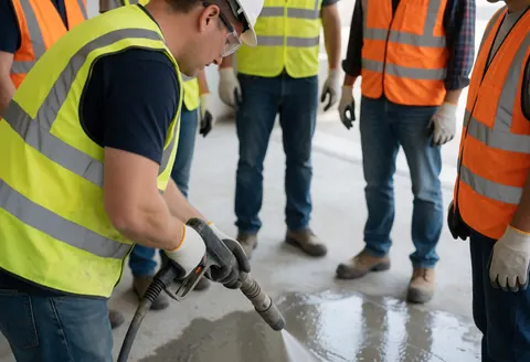Worker in reflective vest using high pressure hose to clean concrete while others observe