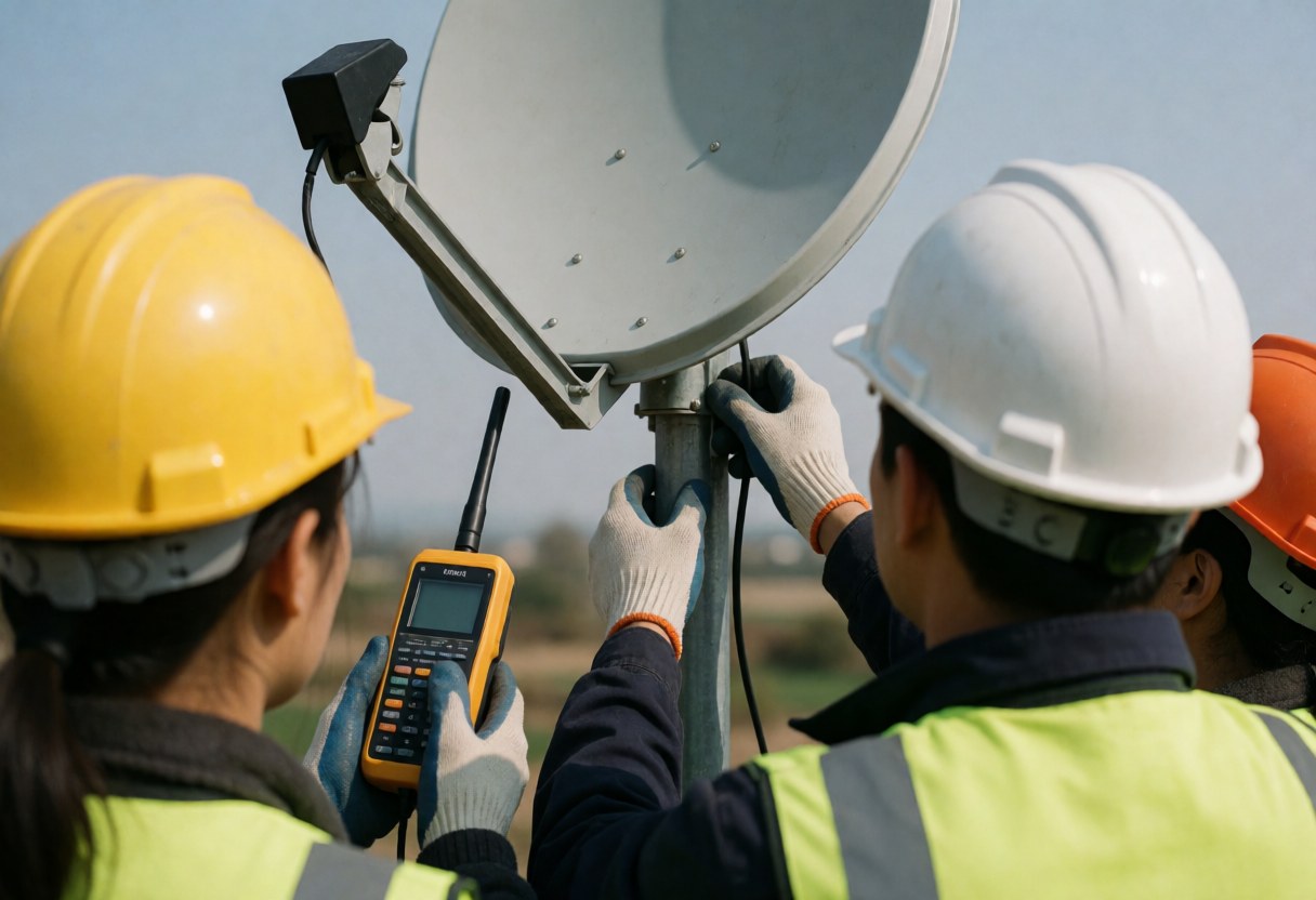 Technicians in safety gear adjust a satellite antenna on a pole using a signal meter in a rural setting