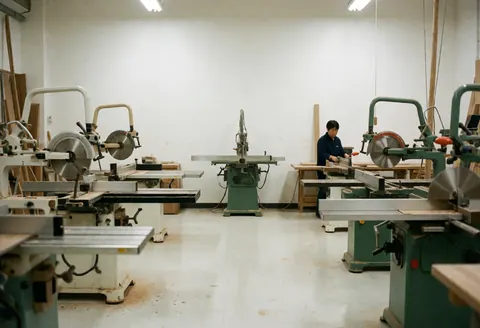 A carpenter operates a circular saw in a furniture workshop surrounded by machinery and wooden planks on a white floor.