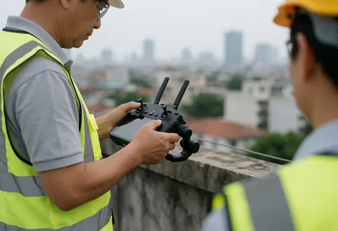 Drone operator wearing safety gear on a rooftop using a remote control with a city view in the background for aerial photography services