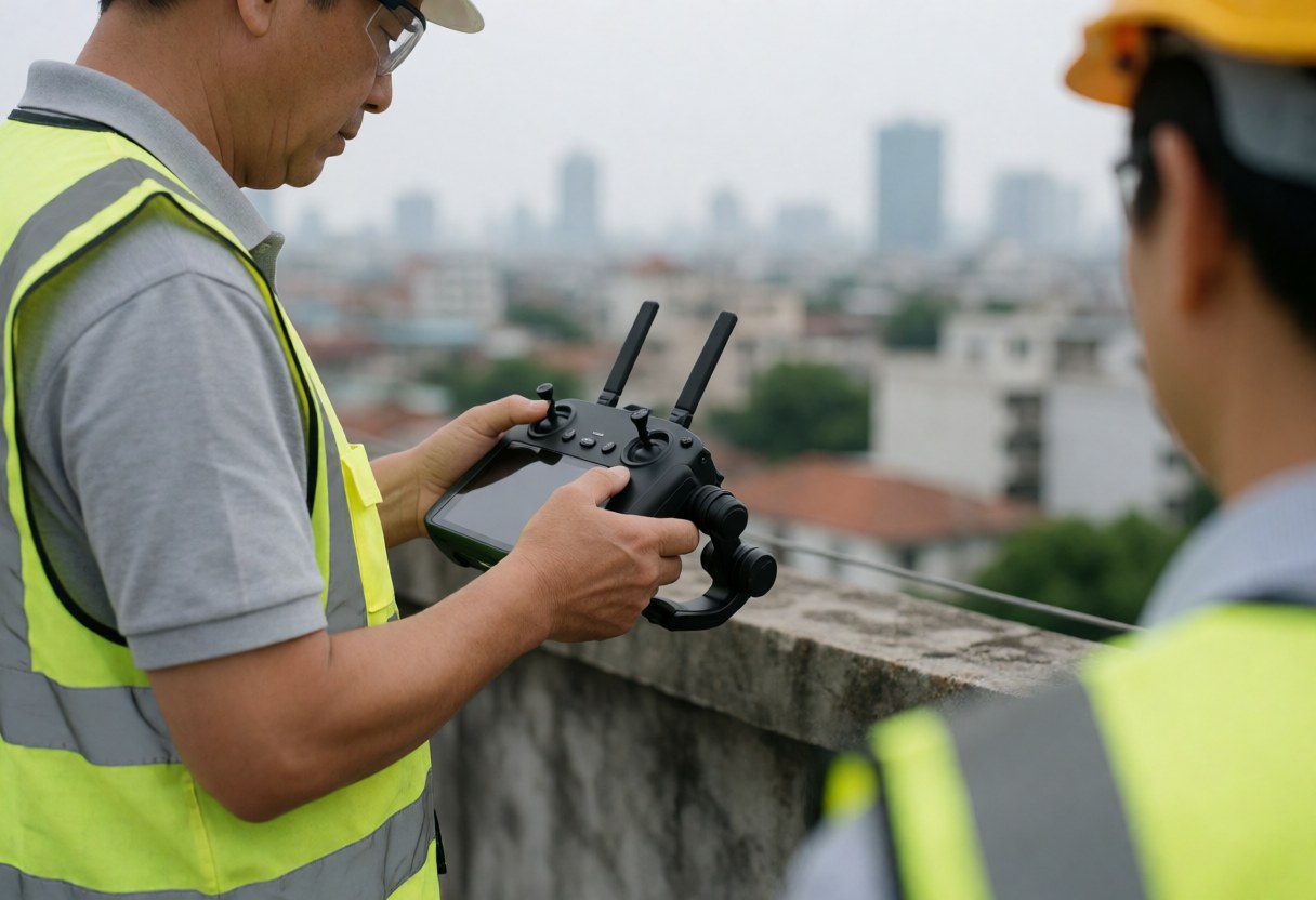 Drone operator wearing safety gear on a rooftop using a remote control with a city view in the background for aerial photography services