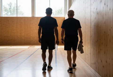 Two men walking on a volleyball court with wooden walls and natural light