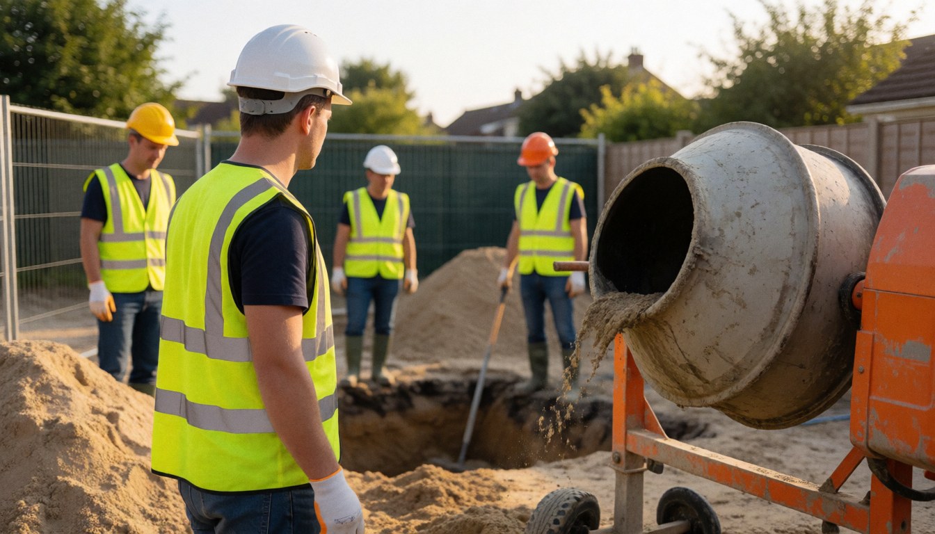 Construction workers wearing safety gear standing near a concrete mixer pouring material into a trench at a work zone